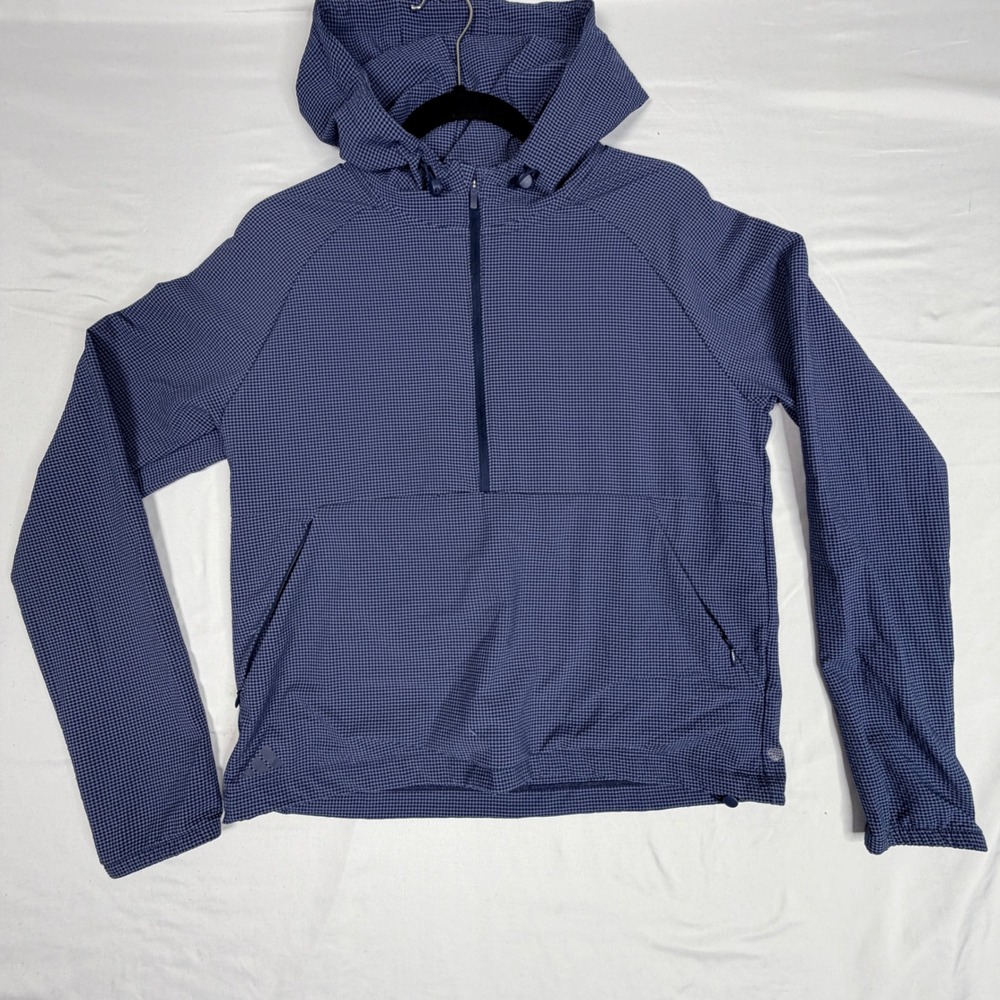 Adidas Mens Blue Micro Check Half Zip Hooded Pullover Windbreaker Jacket Size M